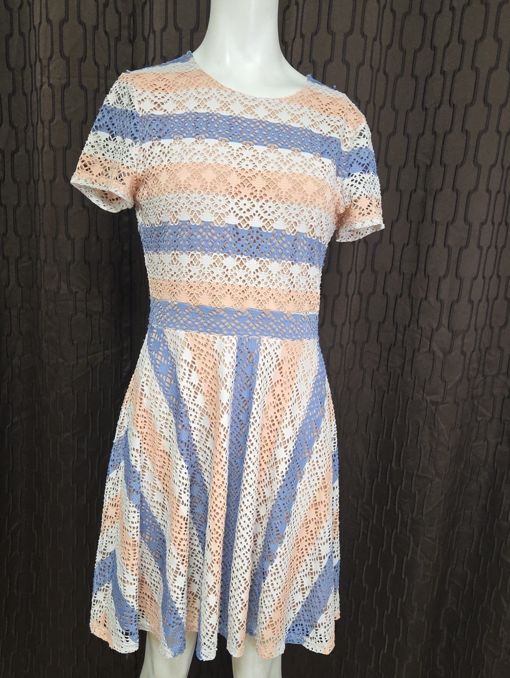BCBGMaxAzria Peach and Light Blue Striped Lace Fit & Flare Dress
